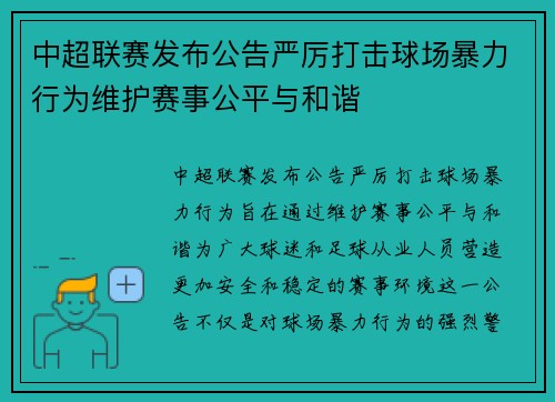 中超联赛发布公告严厉打击球场暴力行为维护赛事公平与和谐